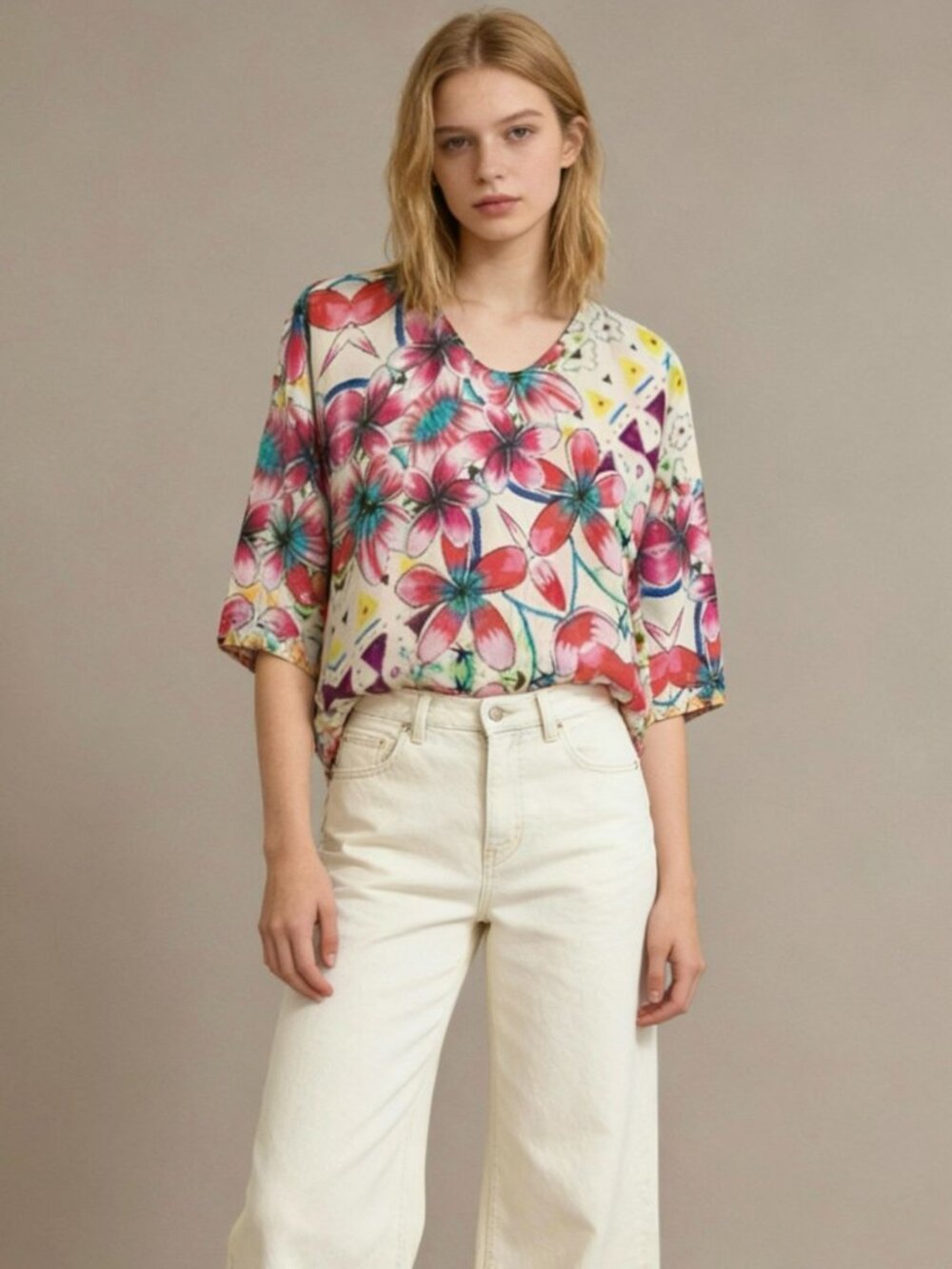 NWOT Johnny Was Silk Floral Top Oversized Multicolor Shirt Blouse Sz S